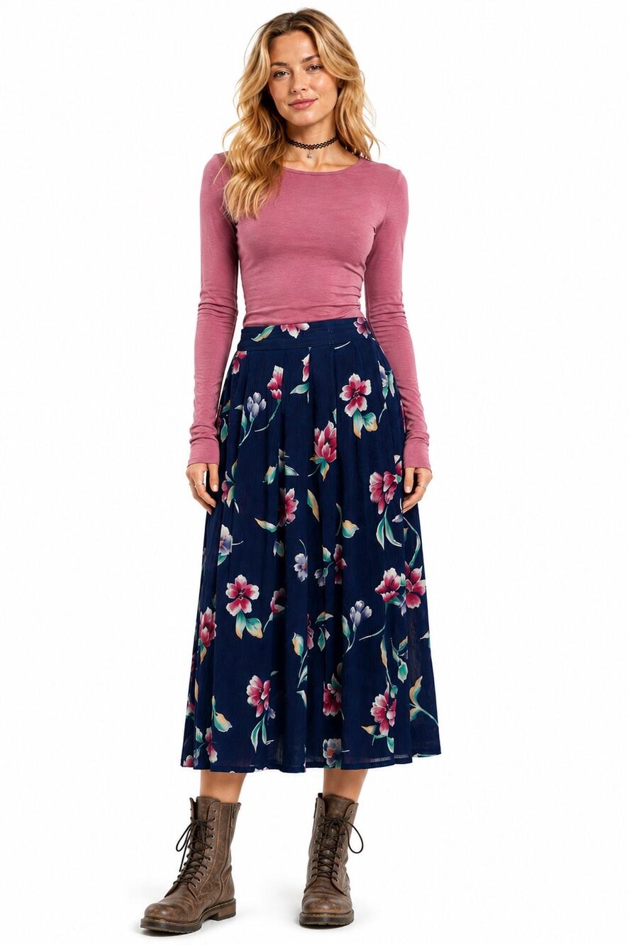 Vintage ‘90s Jaclyn Smith Petite Navy Floral Print Pleated A-Line Midi Skirt
